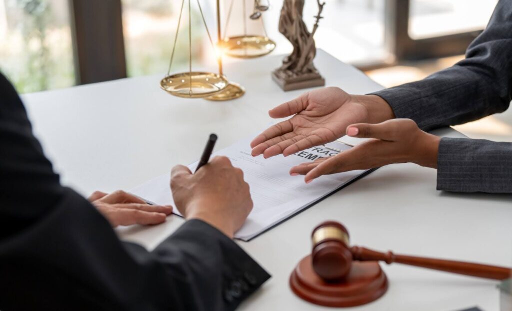 Employment law attorney signing a workplace contract with legal documents and gavel on desk, symbolizing professional legal services.