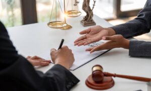 Employment law attorney signing a workplace contract with legal documents and gavel on desk, symbolizing professional legal services.