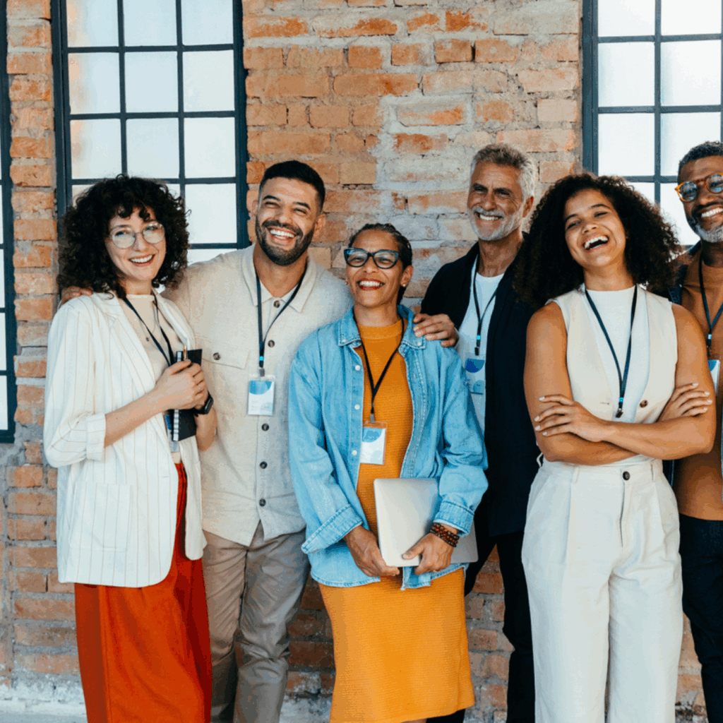 Diverse group of professionals smiling in office setting.