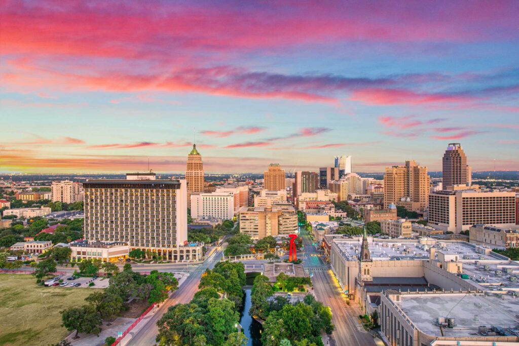 San Antonio skyline at sunset, vibrant sky colors