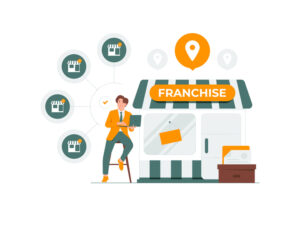 Illustration of franchise network and businessman.