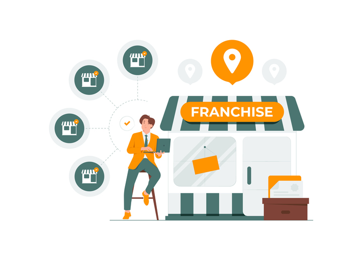 Illustration of franchise network and businessman.