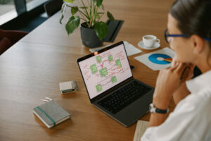 Person reviewing workflow diagram on laptop at desk, demonstrating how the best business lawyers in san antonio and texas can help franchisors and franchisees prepare to franchise