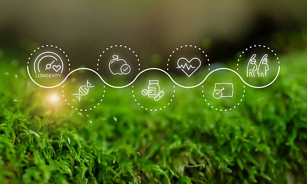 Health and longevity icons over green moss background