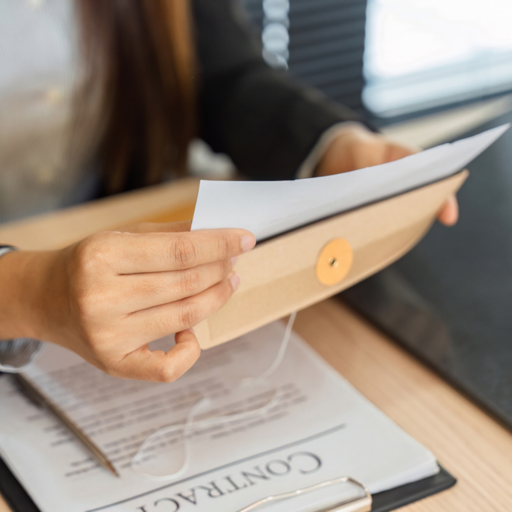 Person holding envelope above contract on desk
