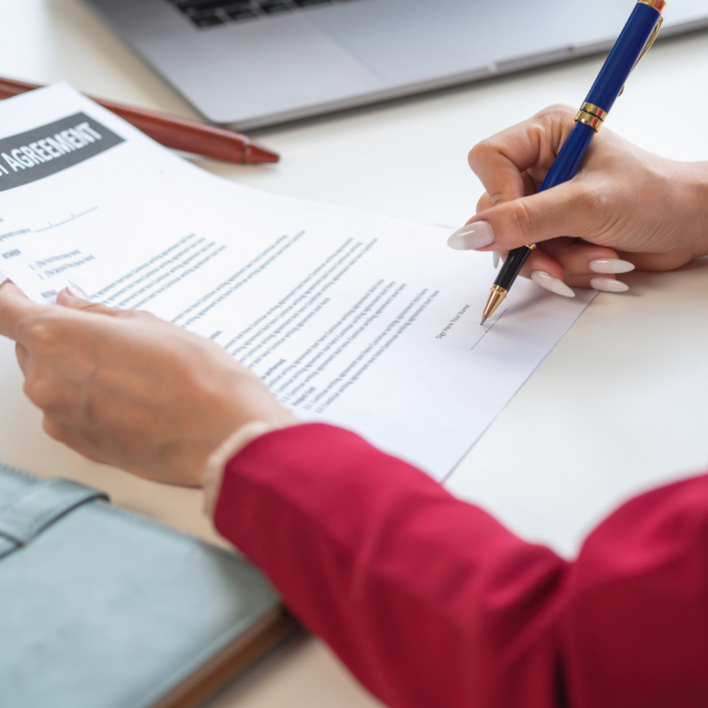 Person signing agreement document with pen at desk