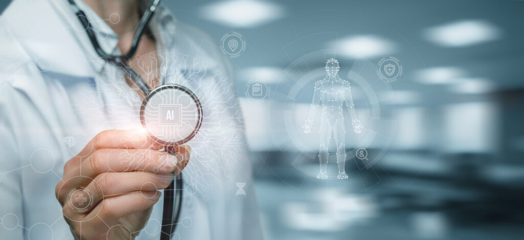 Doctor holding stethoscope with AI medical interface overlay
