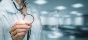 Doctor holding stethoscope with AI medical interface overlay
