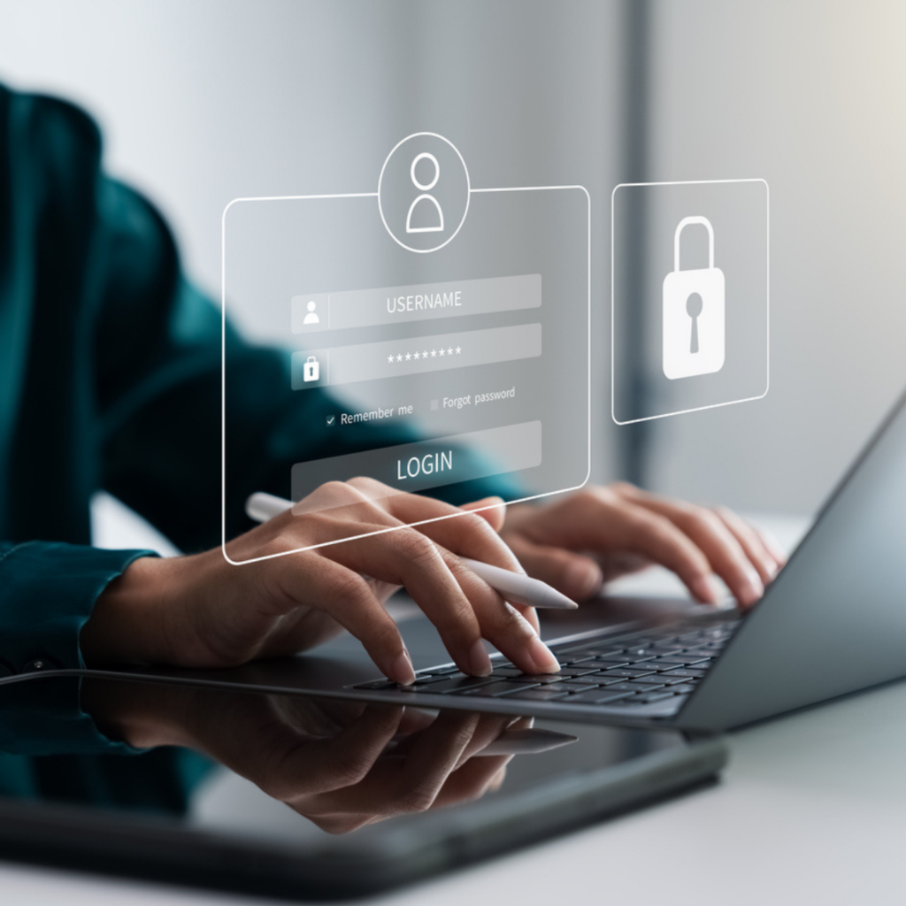 User typing on laptop with secure login overlay