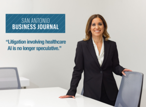 Businesswoman with healthcare AI litigation quote graphic